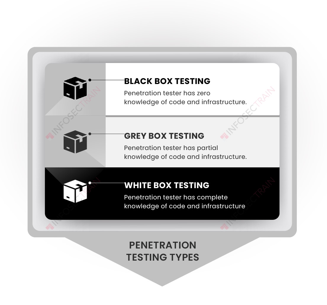 between black-box, white-box, and grey-box penetration testing.